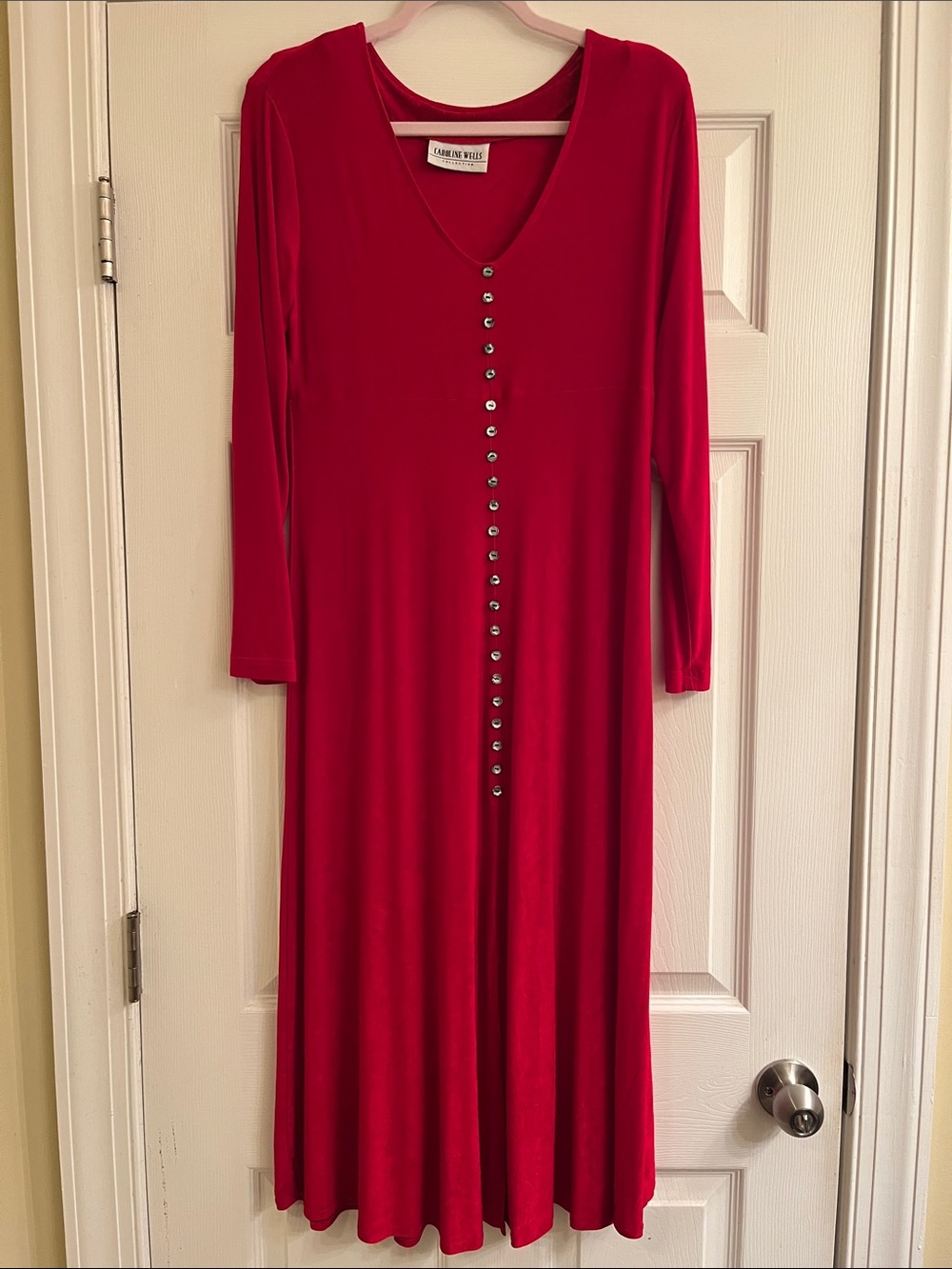Vintage Caroline Wells Crimson Red Long-Sleeve V-Neck Button-Front Dress